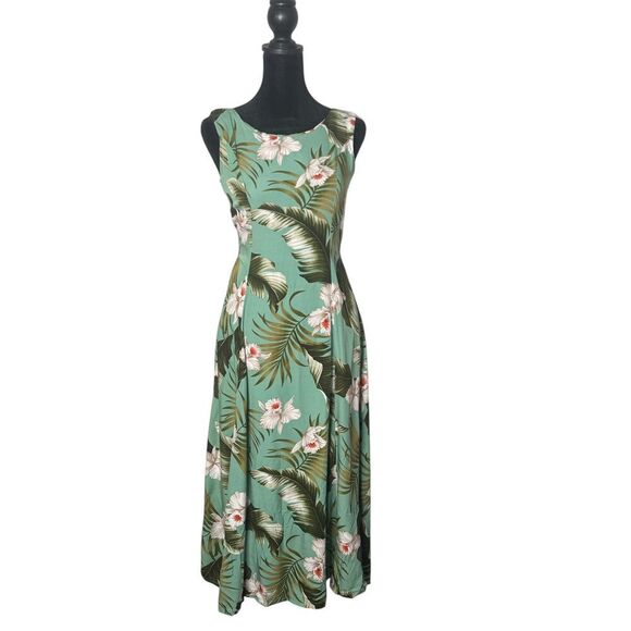 Paradise Bay Midi Dress Womens‎ XS Tropical Floral Print Green Vacation Hawaiian - Picture 1 of 10